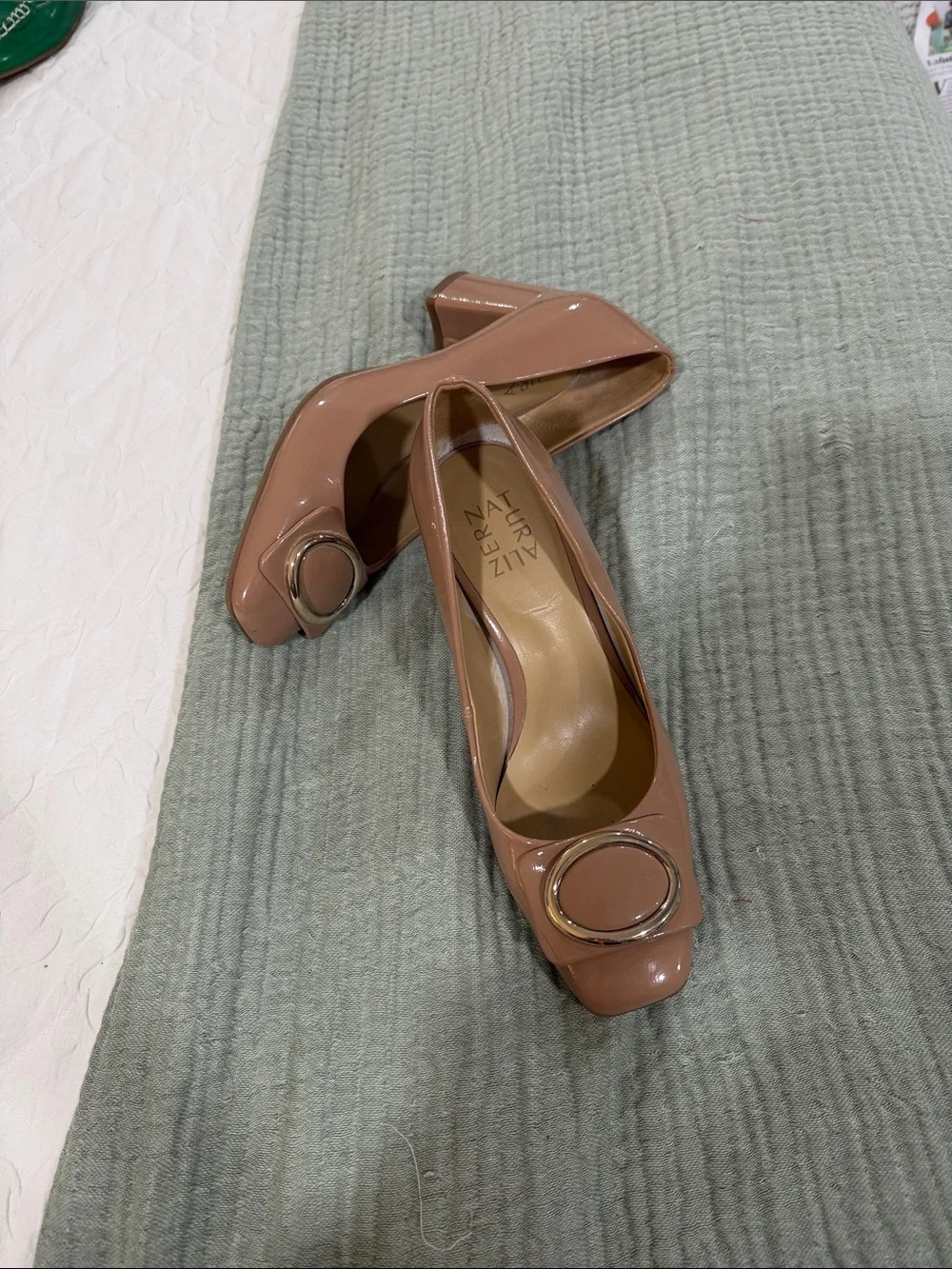 Naturalizer Nude Patent Block Heel Pumps with Gold Accent 6.5